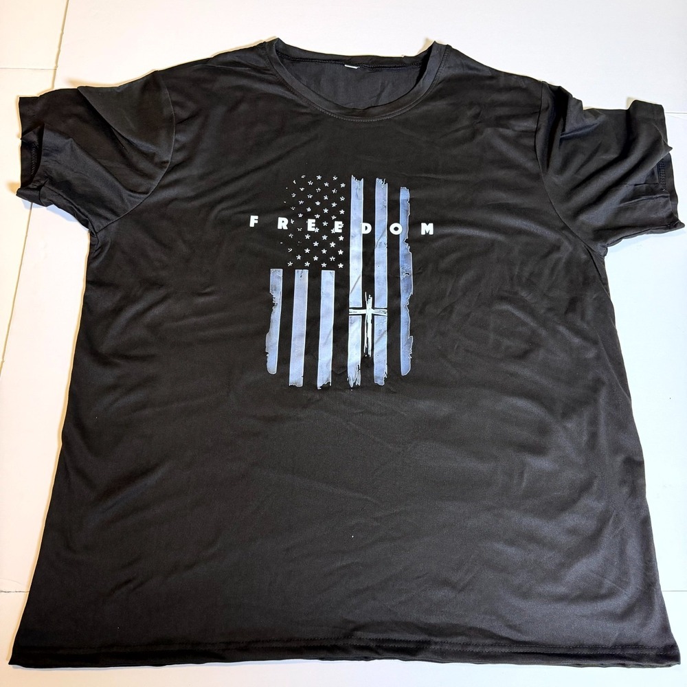 Mens T Shirt 2XL Black Cross Faith Family Freedom‎ USA Flag Patriotic Cultural